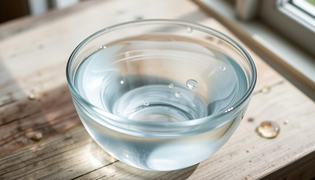 A glass bowl filled with crystal-clear, glistening water, set upon a weathered wooden surface. The water's surface reflects the soft, natural light filtering in through a nearby window, casting gentle shadows and highlights. Droplets cling to the bowl's rim, adding a touch of realism. The overall scene conveys a sense of simplicity, tranquility, and a focus on the essential needs of local wildlife, in line with the article's subject matter and section title.