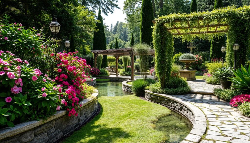 A lush and serene garden path winds through a verdant landscape, punctuated by vibrant bursts of color. Carefully curated plants cascade over stone walls, their delicate petals and foliage creating a harmonious interplay of textures. Shimmering water features reflect the dappled light, inviting visitors to pause and take in the tranquil atmosphere. Elegant pergolas offer a touch of architectural interest, guiding the eye along the winding path. The image is rendered in a striking black and white palette, with subtle pops of color highlighting the most captivating elements of the scene.