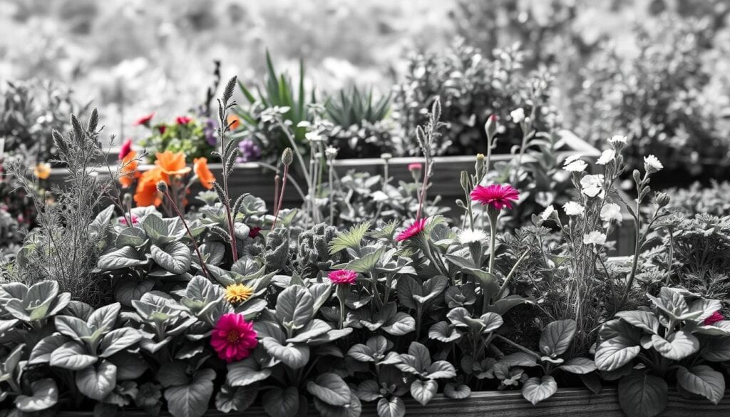 A lush, flourishing raised garden bed filled with an artful mix of complementary vegetables, herbs, and flowers, all in striking black-and-white tones with pops of color. The foreground showcases a diverse array of leafy greens, vibrant stems, and delicate blooms, meticulously arranged for maximum visual interest. The middle ground features a well-structured, wooden raised bed framed by natural materials like stone or wood, creating a cohesive, rustic aesthetic. In the background, a softly blurred natural setting suggests an idyllic, secluded environment, allowing the subject to take center stage. The lighting is soft and diffused, casting gentle shadows that add depth and dimensionality to the scene. The overall mood is one of harmony, abundance, and a deep connection to the natural world.