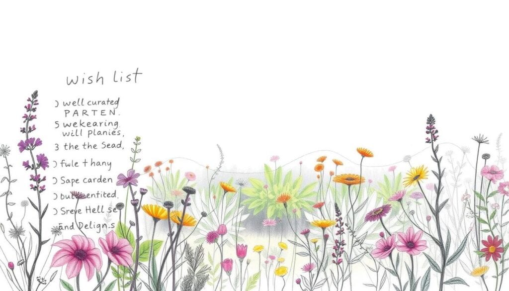 A lush, hand-drawn garden in soft graphite tones, with pops of vibrant color. In the foreground, a detailed sketch of a well-curated wish list, scribbled in a whimsical, organic style. The middle ground features a serene landscape of flourishing plants and flowers, their shapes and textures delineated in fine, expressive lines. The background showcases a dreamlike, atmospheric sky, lending a sense of tranquility and possibility. The overall mood is one of thoughtful planning, creativity, and a touch of whimsy - an illustrated visualization of transforming ideas into a tangible, realizeable garden design.