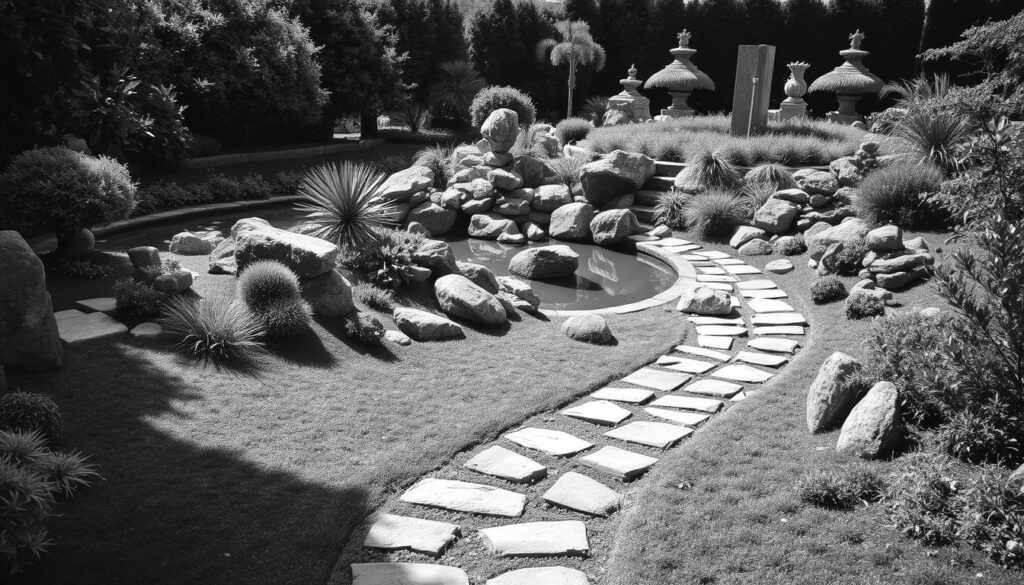 A lush, meticulously manicured stone garden in soft grayscale tones, with pops of muted color. The foreground features a well-tended path winding through an array of precisely arranged rocks, boulders, and low-growing plants. The middle ground showcases a serene water feature, its surface gently reflecting the natural surroundings. In the background, a harmonious arrangement of strategically placed plants and sculptural elements create a sense of depth and balance. Dramatic lighting casts dramatic shadows, highlighting the textures and contours of the scene. The overall atmosphere is one of tranquility, order, and a harmonious coexistence of man-made and natural elements.
