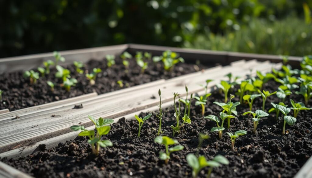 A lush raised garden bed, its soil teeming with life, awaits the planter's touch. Crisp shadows dance across the weathered wood planks, casting a serene ambiance. In the foreground, a variety of seedlings in vibrant shades of green and earthy tones await their chance to flourish, their delicate leaves reaching towards the sun. A gentle breeze rustles the foliage, hinting at the promise of a bountiful harvest. In the background, a verdant backdrop of lush greenery provides a soothing contrast, inviting the viewer to imagine the peaceful tranquility of this homegrown oasis. A monochromatic palette with pops of color accentuates the natural beauty, creating a visually captivating scene that celebrates the joy of cultivating one's own organic garden.