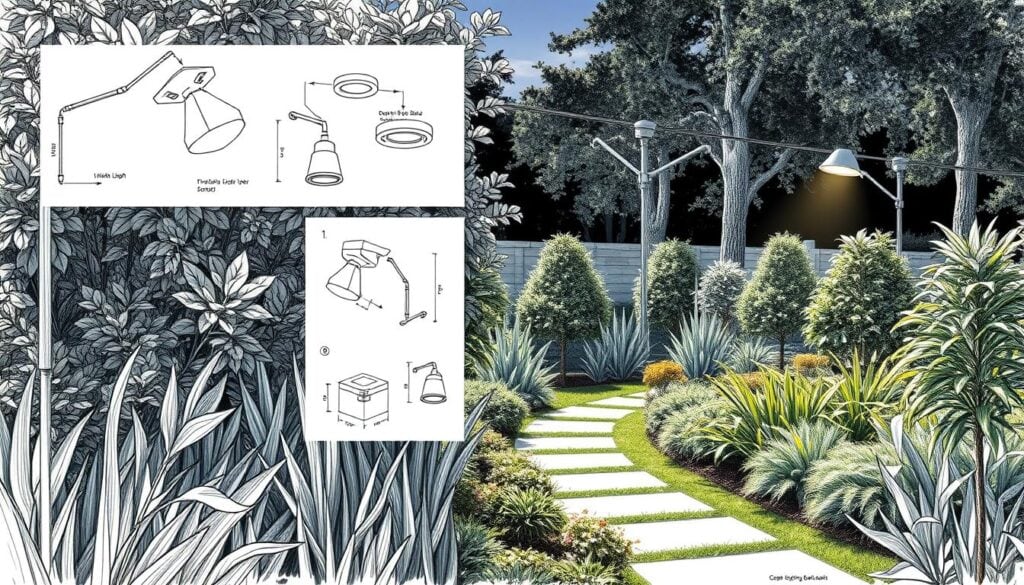A meticulous outdoor lighting installation manual, sketched in crisp monochrome with subtle pops of color. A sprawling garden scene, its verdant foliage contrasted by clean, architectural elements. Detailed schematics of lighting fixtures and mounting hardware, their sleek forms casting dynamic shadows. Precise diagrams demonstrating step-by-step assembly, guiding the viewer through a DIY lighting journey. Moody atmospheric lighting illuminates the scene, casting a warm, inviting glow across the lush, naturalistic setting. An instructional yet visually captivating image, blending technical precision with artistic flair.