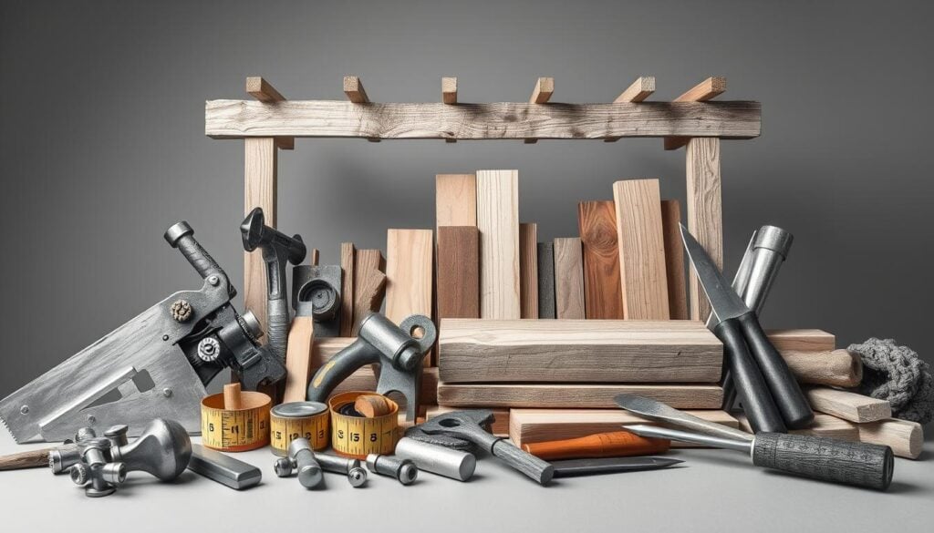 A meticulously arranged still life of the essential tools and materials for constructing a garden pergola. In the foreground, a variety of hand tools including a saw, hammer, measuring tape, and chisel, all rendered in a muted grayscale palette with subtle pops of color. In the middle ground, an assortment of construction materials such as wooden beams, posts, and planks, their warm tones complementing the cooler metallic tones of the tools. The background features a simple, uncluttered backdrop, allowing the subject to take center stage. The overall composition is balanced and visually striking, capturing the necessary elements for a DIY garden pergola project in a stylized, artistic manner.