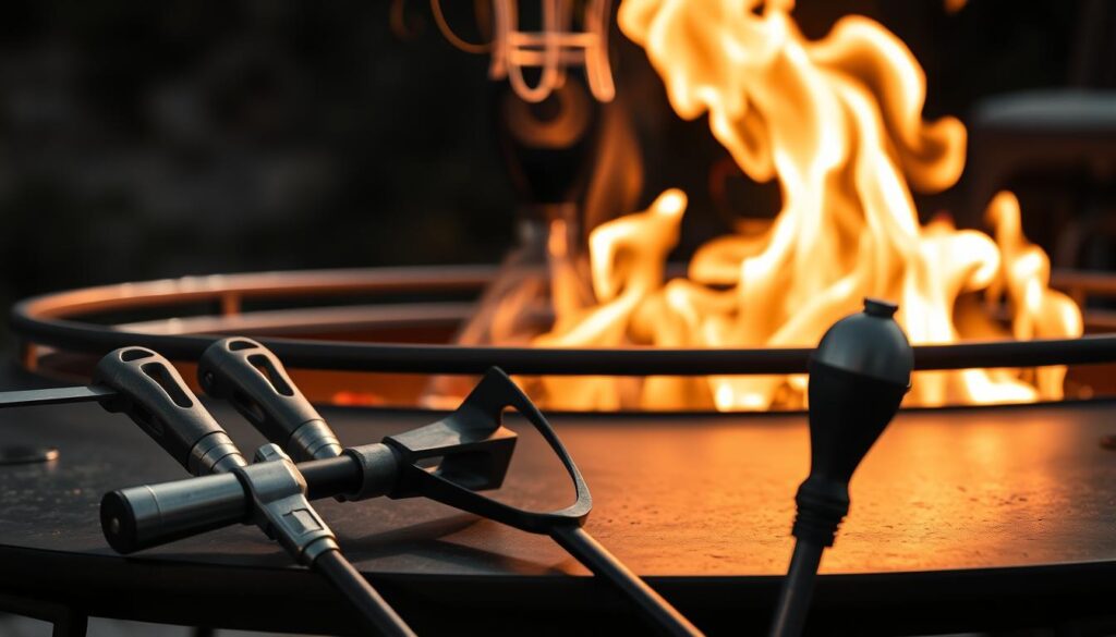 A meticulously crafted fire pit, its sturdy steel frame gleaming under warm, directional lighting. Delicate wisps of smoke curl upwards, creating a cozy, inviting atmosphere. The pit's surface is adorned with a subtle, muted color palette - hints of earthy tones and polished metallic accents. In the foreground, a set of fireplace tools, their sturdy handles and metal finishes contrasting against the black-and-white backdrop. The middle ground showcases the fire pit's intricate design, with clean lines and gentle curves that suggest both functionality and aesthetic appeal. The background fades into a soft, diffused focus, allowing the central elements to take center stage. This image captures the essence of "Pflege, Langlebigkeit und Saisonverlängerung" - a carefully maintained fire pit, ready to extend the enjoyment of the outdoor season.
