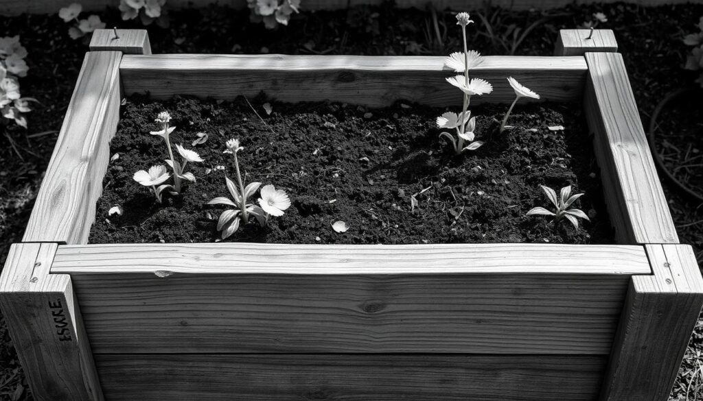 A meticulously crafted raised garden bed, its wooden frame weathered by time, stands as a testament to its resilience. The soil within, rich and nourishing, is protected by a subtle yet effective moisture barrier. Delicate wisps of foliage peek through the gaps, hinting at the lush greenery within. Carefully placed drainage channels and strategically positioned water-repellent membranes work in harmony to shield the bed from the ravages of excess moisture. The scene is rendered in a striking black and white palette, punctuated by the occasional splash of color, conveying a sense of timeless elegance and practicality.