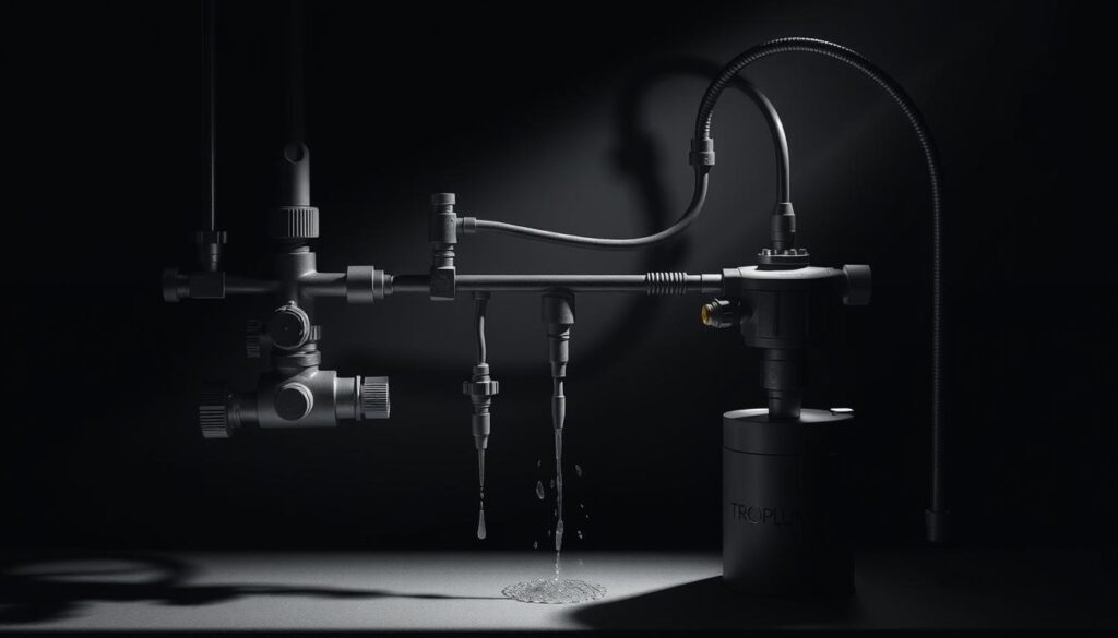 A meticulously engineered Tropf-Blumat irrigation system, its intricate mechanisms and hoses intricately detailed in moody grayscale. The system's components, from adjustable valves to drip emitters, are rendered with striking precision, casting dramatic shadows on a softly lit backdrop. The sleek, minimalist design evokes a sense of efficient, water-saving functionality, while subtle pops of color highlight key details. The overall composition conveys the system's elegance and practicality, perfectly suited to illustrate an article on automated balcony plant watering without power or plumbing requirements. A meticulously engineered Tropf-Blumat irrigation system, its intricate mechanisms and hoses intricately detailed in moody grayscale. The system's components, from adjustable valves to drip emitters, are rendered with striking precision, casting dramatic shadows on a softly lit backdrop. The sleek, minimalist design evokes a sense of efficient, water-saving functionality, while subtle pops of color highlight key details. The overall composition conveys the system's elegance and practicality, perfectly suited to illustrate an article on automated balcony plant watering without power or plumbing requirements.