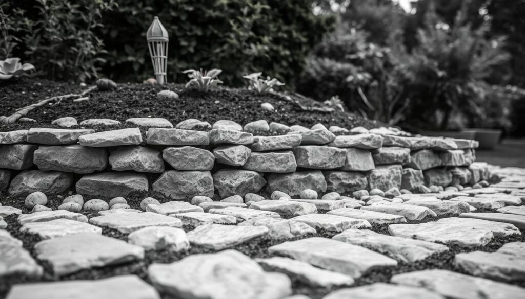 A meticulously layered stone garden bed, crafted with care. In the foreground, carefully placed stones form a sturdy foundation, their textures and hues rendered in striking monochrome. Ascending through the middle ground, a gradual build-up of soil and organic matter creates the ideal planting medium, punctuated by subtle pops of color from strategically placed accents. The background showcases the bed's integration into the surrounding landscape, with lush greenery and natural textures providing a harmonious backdrop. Illuminated by soft, natural lighting, the scene evokes a sense of tranquility and attention to detail, perfectly capturing the essence of the "layered stone garden bed" concept.