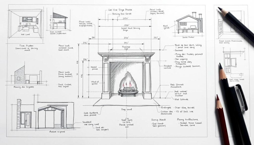 A meticulously planned layout showcasing the ideal dimensions for a fireplace, depicted in a captivating black and white sketch with selective pops of color. The central focus is a precise technical drawing of the fireplace, surrounded by detailed measurements, material specifications, and spatial considerations. Complementing the technical elements are faint architectural sketches of the surrounding area, hinting at the overall integration of the fireplace within the design. The atmosphere is one of thoughtful planning and attention to detail, capturing the essence of the "Planung der Größe und des Materials" section of the article.