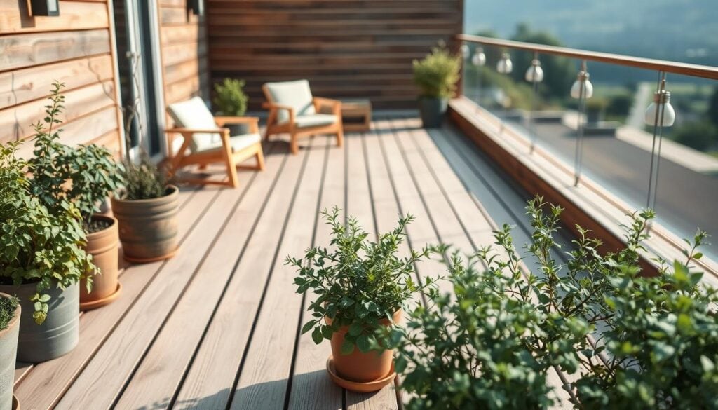 A meticulously well-maintained wooden terrace, its planks gently weathered, bathed in soft, natural lighting that casts subtle shadows across the surface. In the foreground, a collection of potted plants and carefully pruned shrubs add pops of verdant color, their delicate leaves and blossoms rendered in a muted, sketched-like style. The middle ground features a few simple, elegant outdoor furnishings - a comfortable lounge chair, a small side table - all in a minimalist, Scandinavian-inspired design. The background gradually fades into a softly blurred, dreamlike landscape, hinting at the tranquil ambiance of this well-tended retreat. The overall scene evokes a sense of serene, effortless sophistication, a balance of form and function that embodies the essence of proper terrace care and maintenance.