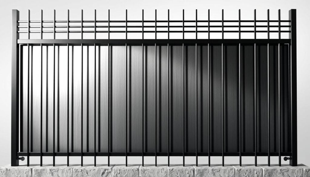 A monochrome architectural rendering of a modern metal fence, the details rendered in a minimalist black-and-white palette with selective pops of color. The fence panels gleam in a spectrum of metallic finishes - sleek polished chrome, muted gunmetal, and warm bronze - arranged in a symmetrical grid pattern. Discreet accent lighting casts dynamic shadows, highlighting the crisp lines and subtle textures of the fence's surface treatments. The background fades to a soft, hazy gradient, allowing the fence's material qualities to take center stage. An elegant, high-contrast study of form, finish, and light, evoking the sophistication of contemporary architectural design.