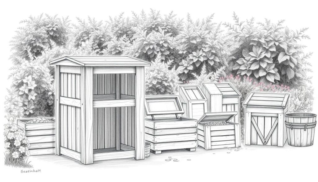 A neatly arranged, large wooden compost bin stands prominently in the foreground, its intricate design and natural textures captured in a crisp, pencil-sketched style. The bin's multiple compartments are visible, hinting at its versatility as a modular, three-chamber system. In the middle ground, a variety of smaller compost bins of different sizes and shapes are displayed, showcasing the range of options for the home gardener. The background features a serene, lush garden setting, with muted hints of color in the foliage and flowers, creating a harmonious and earthy atmosphere. The overall scene conveys a sense of thoughtful organization and the practical benefits of composting for sustainable living.