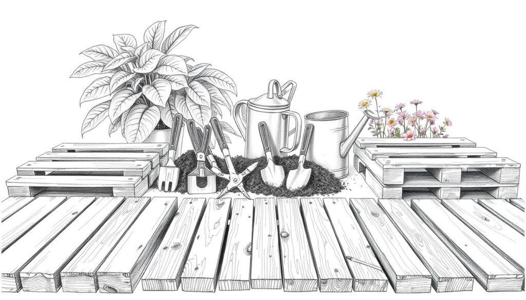A neatly arranged still life of materials for a raised garden bed, captured in a black-and-white pencil sketch style with selective pops of color. In the foreground, wooden pallets and planks in various lengths, their natural grain visible. In the middle ground, a collection of gardening tools - a trowel, pruning shears, and a watering can - alongside a bag of soil. In the background, a lush green leafy plant and a few vibrant wildflowers add a touch of nature. The lighting is soft and diffused, creating a calming, focused atmosphere to showcase the essential elements for building a DIY raised garden bed.