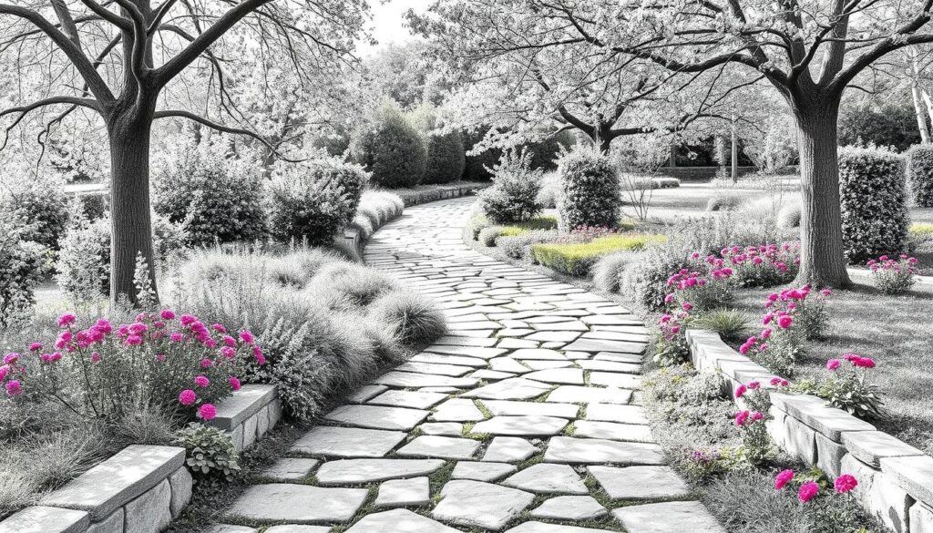 A neatly maintained stone garden path winds through a lush, verdant landscape. Mature trees cast soft shadows, while vibrant perennials and ground cover plants punctuate the scene with pops of color. The path is constructed from weathered natural stone, its irregular textures and earthy tones complementing the surrounding foliage. A sense of harmony and integration pervades the image, as the path seamlessly blends into the garden's overall design. Subtle highlights and shadows accentuate the three-dimensional qualities, while the monochromatic palette with selective color accents lends a timeless, pencil sketch-like quality. The overall mood is one of tranquility, inviting the viewer to explore and immerse themselves in this serene, well-tended outdoor space.