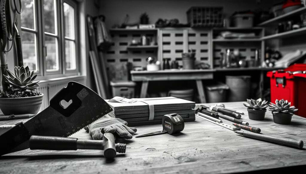 A neatly organized workbench in a dimly lit workshop, showcasing an assortment of essential tools for constructing a raised garden bed. In the foreground, a hand saw, a hammer, and a pair of sturdy gardening gloves stand in sharp contrast against the muted tones of the workshop. In the middle ground, a tape measure, a chisel, and a level lie alongside a stack of wooden planks, hinting at the materials needed for the project. In the background, the outline of a potting bench and various storage shelves can be seen, all rendered in a high-contrast black and white palette, with only the occasional pop of color, such as the green of a succulent or the red of a toolbox.
