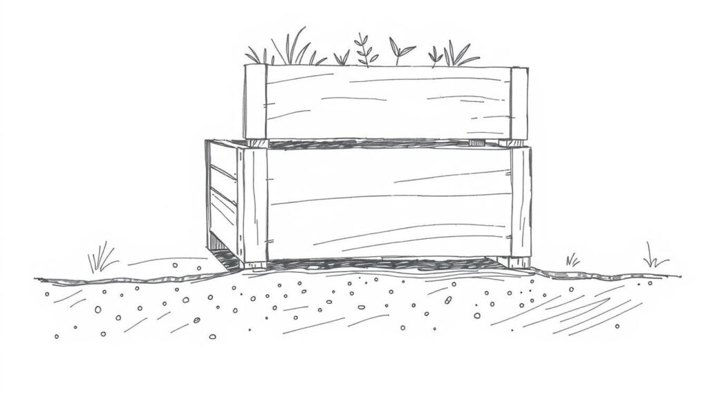 A neatly sketched, black-and-white illustration showcasing a sturdy, level planter box resting on a well-drained, permeable underground surface. The planter's structure is depicted in precise, technical detail, with occasional pops of muted color highlighting specific design elements. The composition emphasizes the importance of a stable, even base to support the planter, ensuring optimal growth conditions for the plants within. The overall mood is one of functional simplicity, drawing the viewer's attention to the essential considerations for a successful DIY planter project.