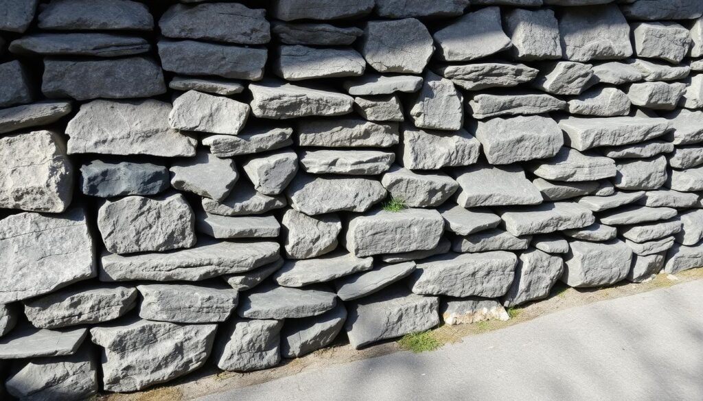 A neatly stacked pile of rough, uneven stones in shades of gray and black, casting soft shadows on the ground. The texture of the dry stone wall material is intricately detailed, with subtle variations in hue and pattern. The lighting is soft and natural, with a hint of directional illumination from the side, accentuating the dimensional quality of the stones. The image has a minimal, almost architectural feel, with a focus on the materiality and craftsmanship of the dry stone construction. Subtle pops of color, such as a touch of green moss or a weathered lichen patch, add visual interest and a sense of organic growth. The overall mood is one of earthy, rustic simplicity, well-suited to illustrate the material and tools required for a herb spiral project.