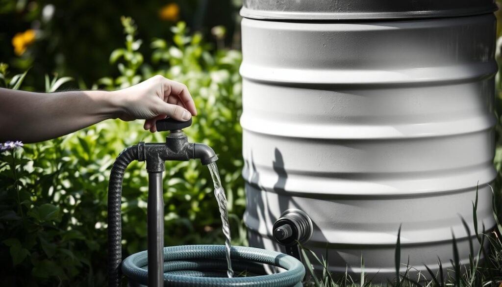 A rain barrel stands in a lush garden, its spigot poised to dispense the captured rainwater. Beside it, a garden hose coils, ready to transfer the precious liquid where it's needed most. The scene is illuminated by soft, natural light, casting gentle shadows that add depth and dimension. In the foreground, a hand grasps the spigot, carefully controlling the flow, while the background features vibrant greenery and a sense of tranquility. The image conveys the importance of sustainable water usage, with the rain barrel and associated tools depicted in a clean, monochromatic style accented by subtle pops of color, reflecting the article's focus on properly utilizing rainwater collection systems.