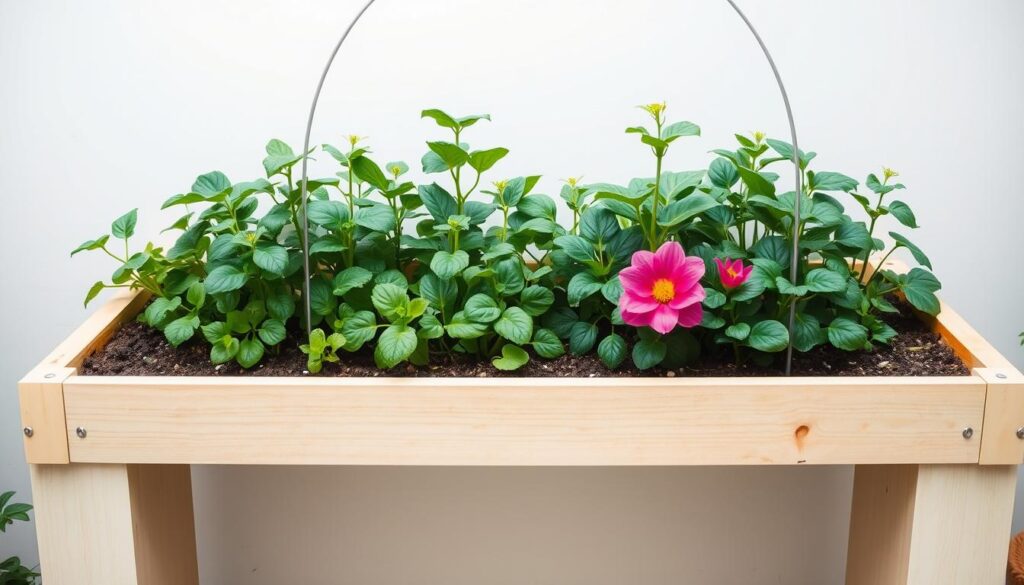 A raised garden bed filled with lush greenery, its soil gently moistened by a carefully designed watering system. A crisp, minimalist aesthetic, with clean lines and a focus on functionality. The bed is positioned against a plain, light-colored backdrop, allowing the verdant foliage to take center stage. Accents of color, such as a vibrant flower or a touch of metal, add visual interest and depth to the scene. The image captures the essence of effortless urban gardening, a testament to the joys of cultivating a thriving oasis in the heart of the city.