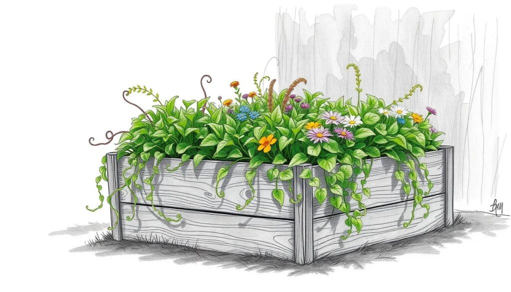 A raised garden bed filled with lush, verdant foliage, its wooden frame casting dramatic shadows under a soft, diffused light. Curling tendrils of vibrant greenery spill over the edges, while a scattering of colorful flowers add pops of contrast. The scene is rendered in a muted, pencil-sketched style, with delicate lines and subtle, monochromatic tones punctuated by strategic splashes of color. The overall atmosphere is one of tranquility and natural harmony, inviting the viewer to imagine the rhythmic cycle of growth and care that sustains this thriving Hochbeet.