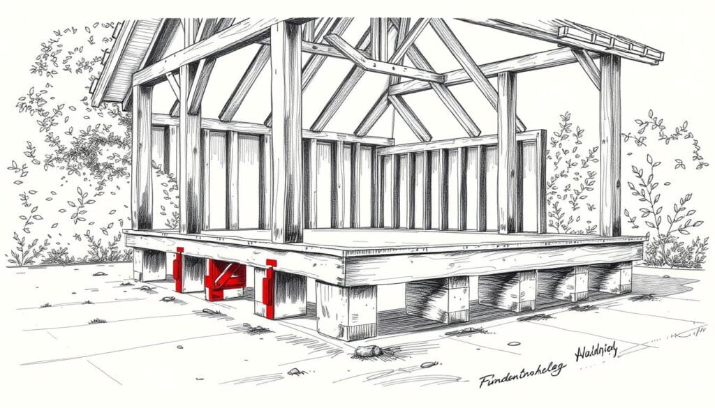 A rustic and detailed blueprint-style illustration of a wooden garden house structure, its foundation beams prominently featured in the foreground. The scene is rendered in a muted, pencil-sketch aesthetic with selective pops of color - perhaps the red of wooden supports or the green of foliage in the background. The composition emphasizes the careful planning and construction process, with a focus on the foundational elements that form the backbone of the garden house design. Angles and perspectives are precisely captured to convey a technical yet artful depiction of the "Gartenhaus Aufbau Fundamenthölzer" stage of the building process.