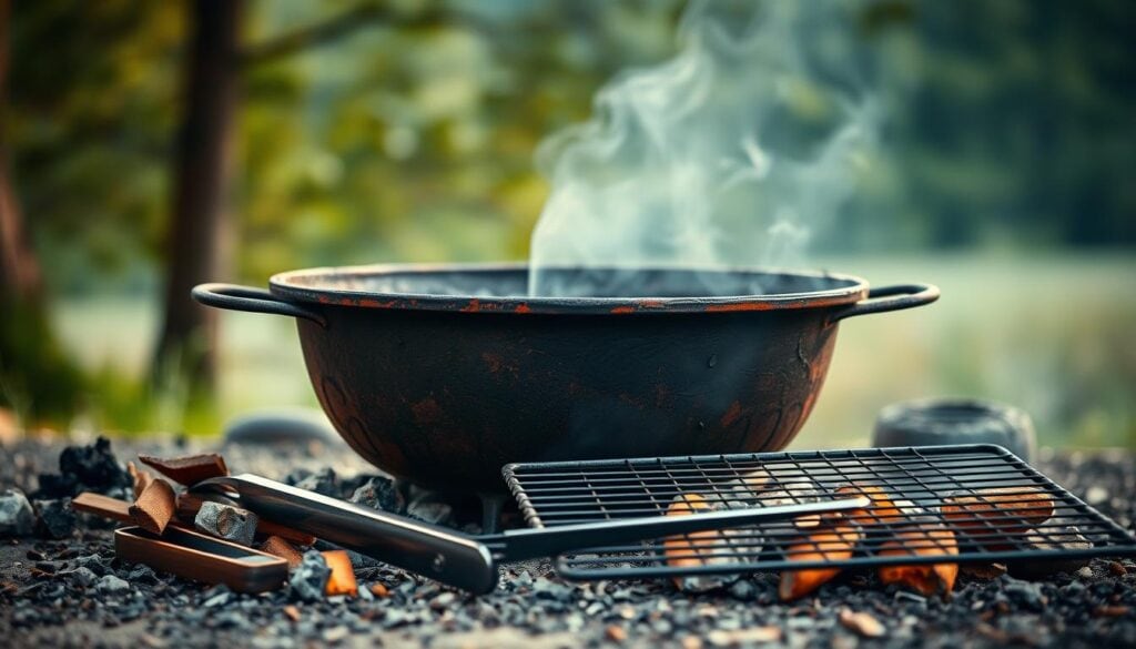 A rustic, cast iron fire pit grill set against a backdrop of a serene, natural landscape. The grill's weathered surface gleams in the warm, diffused lighting, casting a soft, earthy glow. Surrounding the fire pit, a scattering of charcoal briquettes and kindling lie ready for ignition. In the foreground, a selection of cooking utensils and accessories - tongs, skewers, and a sturdy grill grate - are arranged in a neat, organized manner, hinting at the culinary delights to come. The overall scene exudes a sense of rustic charm and outdoor adventure, perfectly complementing the article's focus on safe, DIY fire pits and outdoor cooking.