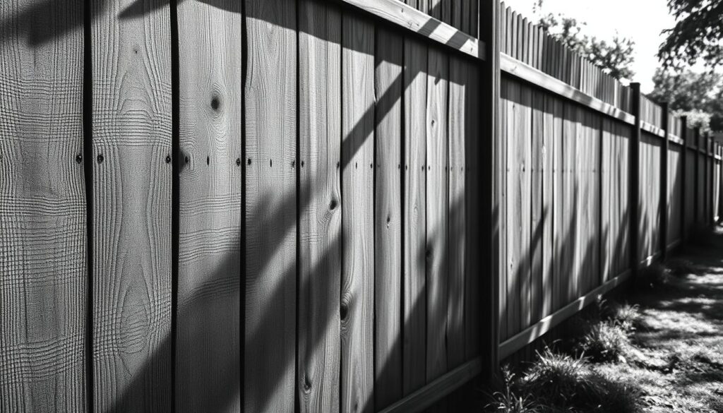 A rustic wooden fence, each panel uniquely crafted with intricate patterns and textures. The wood grain shines through in a black and white palette, punctuated by subtle pops of color - perhaps a vibrant green leaf or a weathered metal accent. The fence stretches across the frame, inviting the viewer to imagine customizing its design to complement their personal space. Soft shadows cast by the sun create depth and dimension, highlighting the fence's architectural details. The overall mood is one of natural elegance and personalized style, reflecting the flexibility and customization of this configurable wooden fence system.