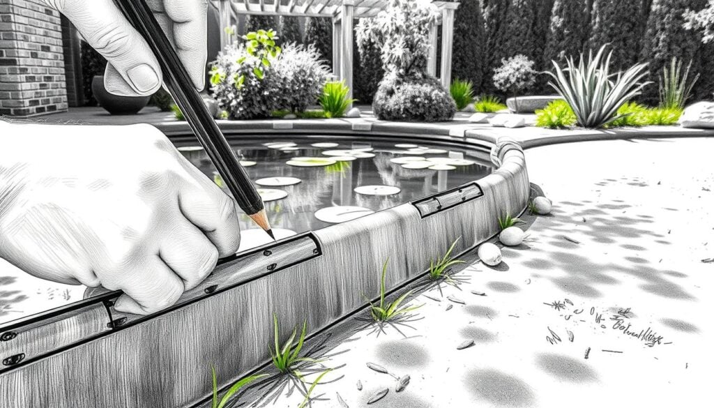 A serene backyard garden, the focus resting on the tranquil pond. In the foreground, a careful hand installs a sturdy metal edging, its sleek black lines punctuated by touches of vibrant green. The gentle slope of the pond's edge is meticulously sculpted, creating a seamless transition between land and water. Dappled shadows dance across the scene, lending a sense of depth and dimension. The overall mood is one of thoughtful curation, a harmonious balance between the natural and the designed. A black and white sketch with selective pops of color, capturing the precise installation of the edging for a perfectly framed garden oasis.