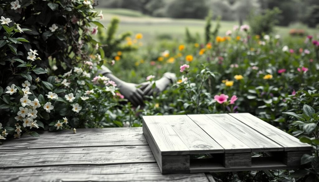 A serene garden filled with lush, vibrant foliage. In the foreground, a pristine palette sits, its weathered wood grain accentuated by soft, diffuse lighting. Delicate flowers in muted hues cascade over the edges, adding pops of color. In the middle ground, a pair of gloved hands tend to the plants, their actions precise and deliberate. The background fades into a blurred, ethereal landscape, allowing the focal point to take center stage. The scene is rendered in a striking black-and-white palette, with subtle, strategic splashes of color highlighting the most vital elements. A sense of tranquility and care permeates the image, perfectly capturing the essence of "Pflege, Tipps und häufige Fehler vermeiden".