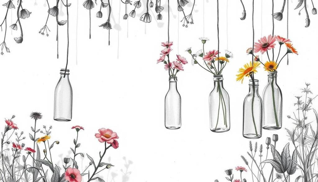 A serene garden oasis, adorned with delicate hanging glass bottle vases, their forms suspended gracefully on thin ropes. Vibrant bursts of color from lush, freshly-picked wildflowers spill forth, contrasting with the monochromatic pencil-sketch backdrop. Soft shadows cast by the bottles create a sense of depth, while the overall palette remains muted, save for the occasional pop of verdant foliage or a vibrant blossom. The tranquil scene invites the viewer to pause, to appreciate the beauty in these repurposed vessels brought to life through thoughtful arrangement and natural elements.