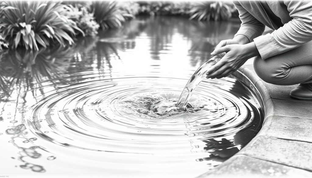 A serene garden pond, its surface gently rippling as clear water cascades into it, creating a soothing ambiance. In the foreground, a person kneels beside the pond, their hands carefully guiding the flow, ensuring the water level rises steadily. The scene is captured in a muted, graphite-like palette, with the only pops of color coming from the vibrant green foliage surrounding the pond, and the reflection of the sky above. The lighting is soft and diffused, casting a tranquil, contemplative mood over the entire composition. The angle is slightly elevated, allowing the viewer to observe the entire process of "Wasser einfüllen Teich" with a sense of calm detachment.