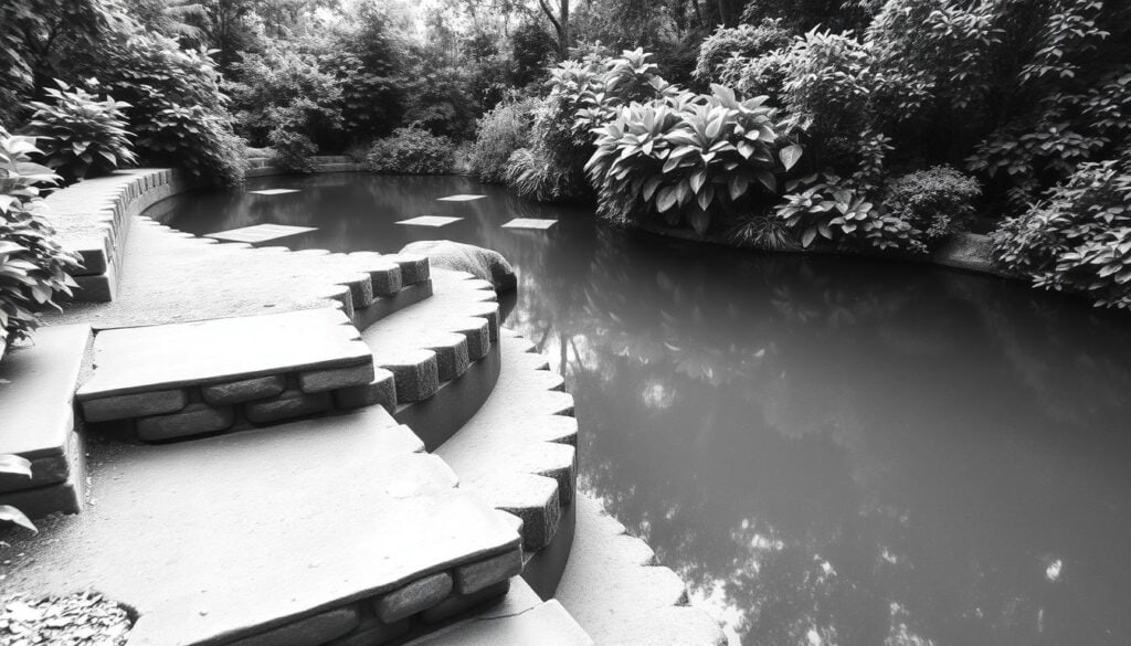 A serene garden pond nestled amidst lush foliage, the water's surface reflecting the surrounding greenery. Carefully excavated steps lead down into the tranquil depths, their sharp edges softened by the interplay of light and shadow. The monochromatic palette, punctuated by subtle splashes of color, lends an air of timeless elegance to the scene. The composition captures the methodical, step-by-step process of creating the perfect pond, inviting the viewer to envision the transformation from empty ground to a vibrant, naturalistic oasis.