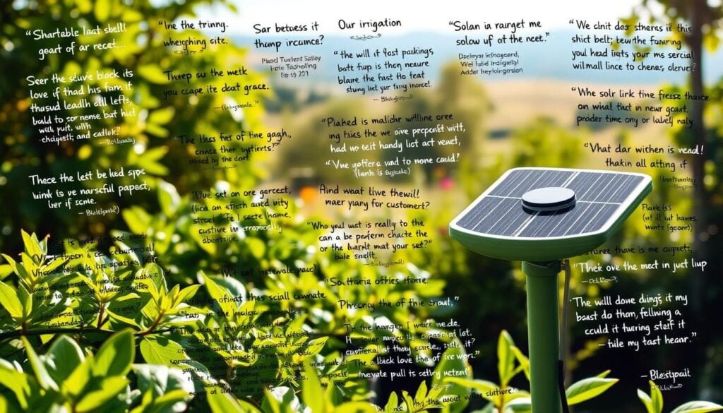 A serene garden scene, with verdant foliage and a vibrant solar-powered irrigation system in the foreground. Customers' handwritten reviews and testimonials adorn the middle ground, their words expressed in a mix of black and white tones, punctuated by occasional pops of color. In the background, a sun-dappled landscape unfolds, hinting at the tranquility and efficiency of this solar-driven watering solution. The overall aesthetic is one of simplicity and authenticity, reflecting the genuine experiences of those who have embraced this sustainable gardening technology.