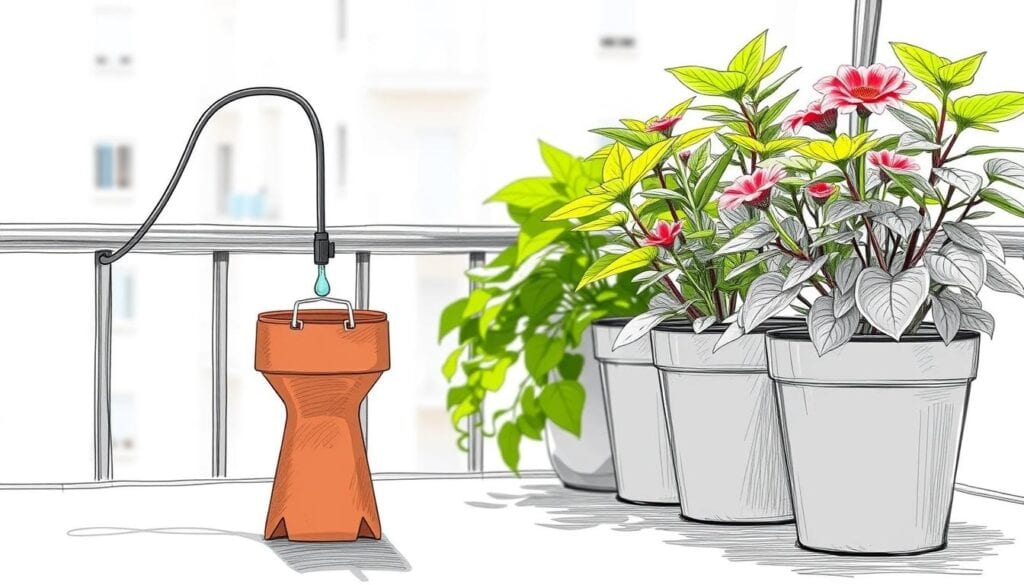 A simple, elegant PET bottle irrigation system with a terracotta cone, designed to sustainably water balcony plants. The foreground features the PET bottle reservoir with a drip mechanism, connected to the cone via a narrow tube. The middle ground showcases the lush, vibrant potted plants being watered, their leaves casting soft shadows. The background subtly blends the urban balcony setting, with the system seamlessly integrated. The image is rendered in a muted, pencil-sketch style with strategic pops of color accentuating the key elements, conveying a practical, DIY aesthetic. A simple, elegant PET bottle irrigation system with a terracotta cone, designed to sustainably water balcony plants. The foreground features the PET bottle reservoir with a drip mechanism, connected to the cone via a narrow tube. The middle ground showcases the lush, vibrant potted plants being watered, their leaves casting soft shadows. The background subtly blends the urban balcony setting, with the system seamlessly integrated. The image is rendered in a muted, pencil-sketch style with strategic pops of color accentuating the key elements, conveying a practical, DIY aesthetic.