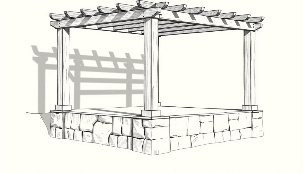 A sturdy, well-constructed pergola stands atop a solid concrete foundation, its strong columns firmly anchored into the earth. The structure casts dramatic shadows, creating a play of light and dark across the scene. The pergola's clean lines and simple geometry are accentuated by the use of a limited color palette, with key details highlighted in subtle pops of color. The overall aesthetic evokes a sense of timeless craftsmanship and a connection to the natural world. A meticulously detailed blueprint-like rendering, capturing the essential elements of a stable, reliable pergola foundation.