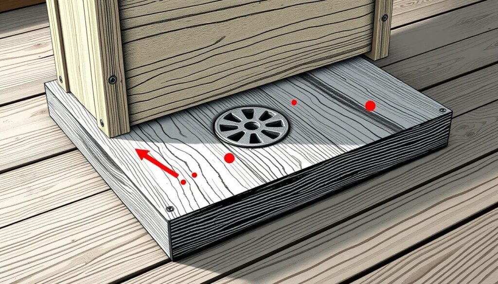 A sturdy wooden planter box stands firmly on a detailed, realistic wooden plank base. The base is constructed with precise, clean lines and a subtle grain texture, painted in a striking contrast of black and white with vibrant splashes of color highlighting key features. A central drain hole pierces the center, allowing for efficient water drainage. Soft shadows and gentle highlights accentuate the dimensional qualities, creating a sense of depth and solidity. The overall composition conveys a sense of functional design and craftsmanship, perfectly suited to illustrate the "Bodenplatte und Abfluss: Wasser sicher ableiten" section of the article.