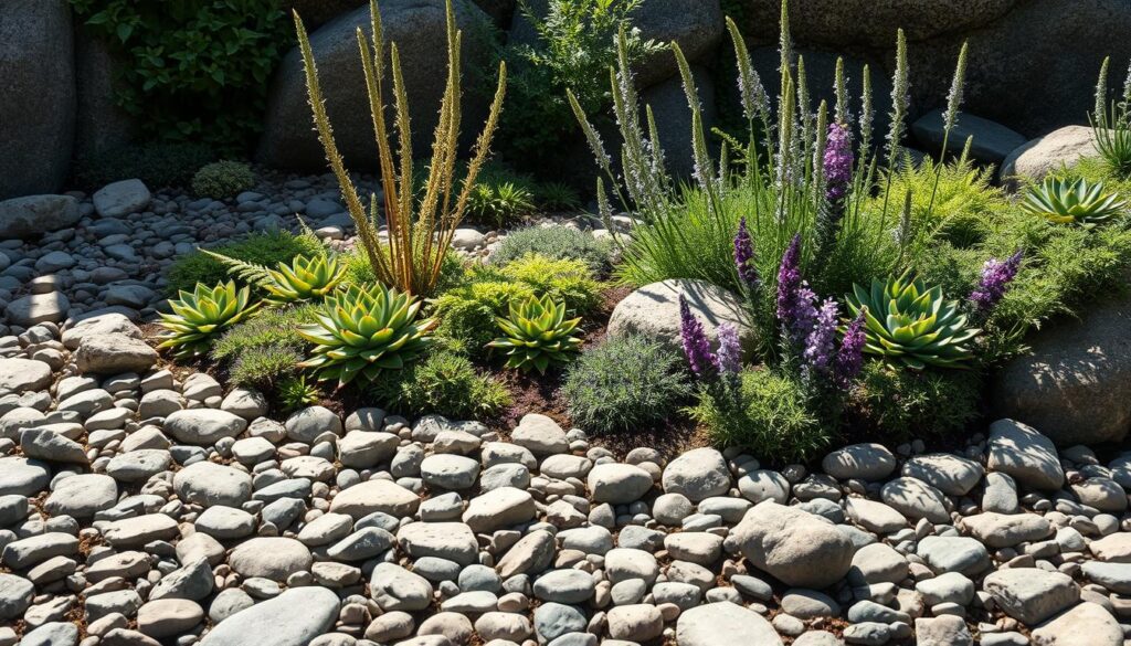 A tranquil stone garden, its surface dotted with carefully placed rocks and pebbles. Amidst this serene landscape, a vibrant tapestry of plants emerges, their delicate forms and hues adding pops of color. Towering succulents, their leaves like sculptural brushstrokes, stand tall, contrasting with the soft mounds of low-growing thyme and sedum. Ferns unfurl their fronds, casting gentle shadows, while fragrant lavender and rosemary plants nestle into the crevices, their verdant foliage complemented by the occasional splash of purple and white blooms. The scene is illuminated by a warm, natural light, casting a gentle glow and creating a sense of harmony between the man-made and natural elements. This image, rendered in a limited palette of black, white, and selective color accents, captures the essence of a thoughtfully designed, low-maintenance stone garden.