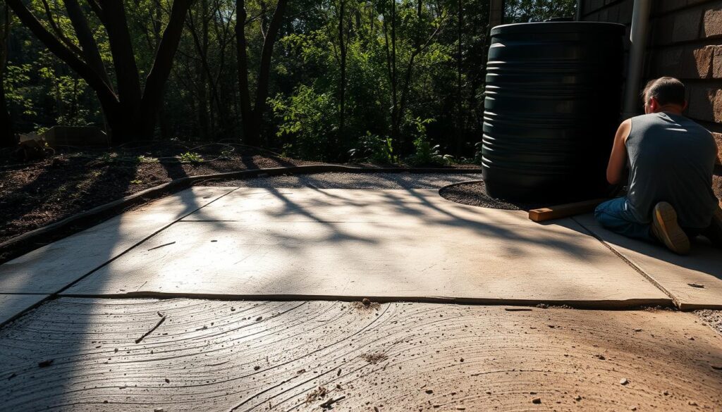 A weathered concrete surface, its texture etched with time, serves as the foundation for a rain barrel's installation. Sunlight filters through nearby trees, casting a warm, mottled glow across the scene. Carefully placed gravel and soil create a level, well-drained base, ready to support the weight of the rainwater collection system. Precise measurements and a discerning eye ensure the perfect placement, with just a hint of vibrant green foliage peeking through the monochromatic palette, adding a touch of natural contrast. This meticulously prepared underlay sets the stage for the seamless integration of the rain barrel, a critical step in the process of harnessing the power of the elements for sustainable water management.