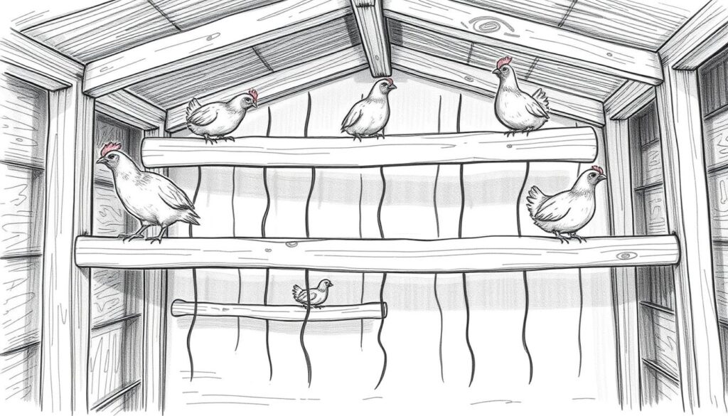 A well-designed and practical arrangement of roosting perches, or "Sitzstangen", within a chicken coop. The perches are positioned at varying heights, allowing the birds to roost comfortably and move freely. The perches are rendered in a black and white pencil sketch style, with subtle pops of color to highlight specific details. The overall composition showcases the functional layout of the roosting area, capturing the essence of the "Innenausbau" section of the article.