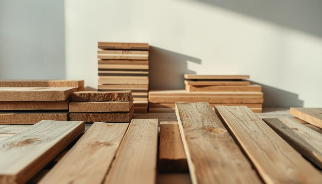A well-lit, detailed still life composition showcasing an assortment of wooden planks and boards of varying thicknesses and grains. The boards are arranged in the foreground, with a subtle hint of color in the form of knots or grain patterns. The middle ground features additional boards stacked neatly, casting soft shadows on the background. The overall scene is captured in a muted, pencil-sketch-like aesthetic with hints of color, evoking a sense of craftsmanship and simplicity. The lighting is soft and diffused, creating a calming, contemplative atmosphere. The camera angle is slightly elevated, allowing the viewer to appreciate the textures and materiality of the wooden elements.