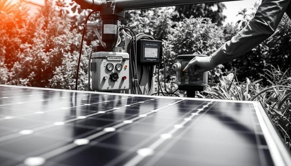 A well-maintained solar-powered irrigation system, with a technician carefully inspecting the components. In the foreground, a close-up view of the solar panel, its surface gleaming under the warm, natural lighting. The middle ground showcases the control unit, its various dials and buttons meticulously arranged. In the background, the lush garden, its verdant foliage a testament to the system's efficient water distribution. The entire scene is rendered in a striking black-and-white palette, with subtle pops of color highlighting key elements like the solar panel's wiring or the control unit's display. The mood is one of precision, diligence, and a deep appreciation for the harmonious integration of technology and nature.