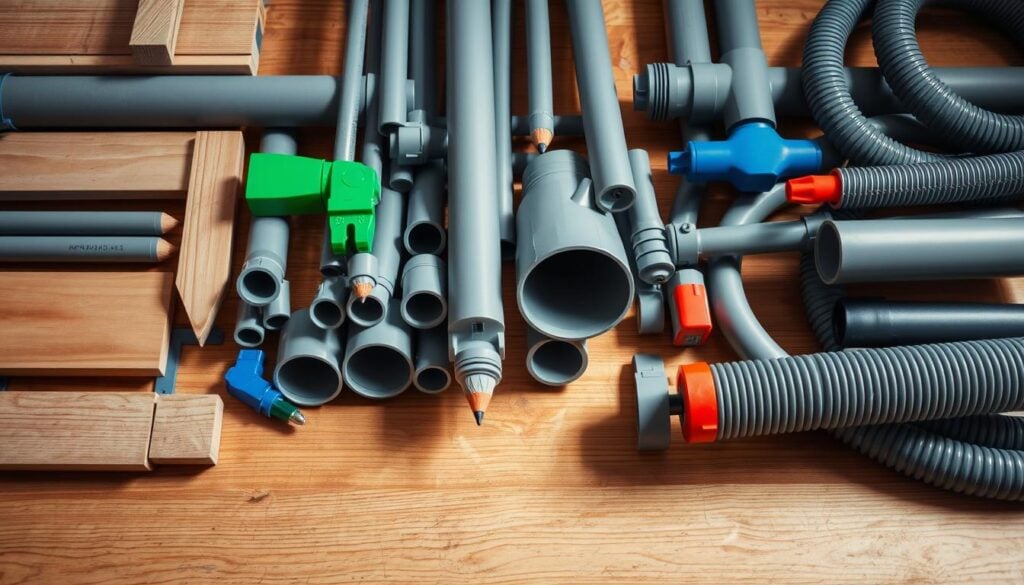 A well-organized array of construction materials, including wooden planks, metal pipes, plastic tubing, and garden hose in various shades of grey. The objects are neatly arranged on a wooden surface, illuminated by soft, directional lighting that casts subtle shadows, creating a sense of depth and dimensionality. The overall aesthetic is clean, minimal, and technical, with pops of color in the form of vibrant green, blue, and red accents, suggesting the functional and practical nature of the materials. The composition emphasizes the textures, shapes, and relationships between the different elements, inviting the viewer to examine the details and imagine the potential applications of these building blocks.