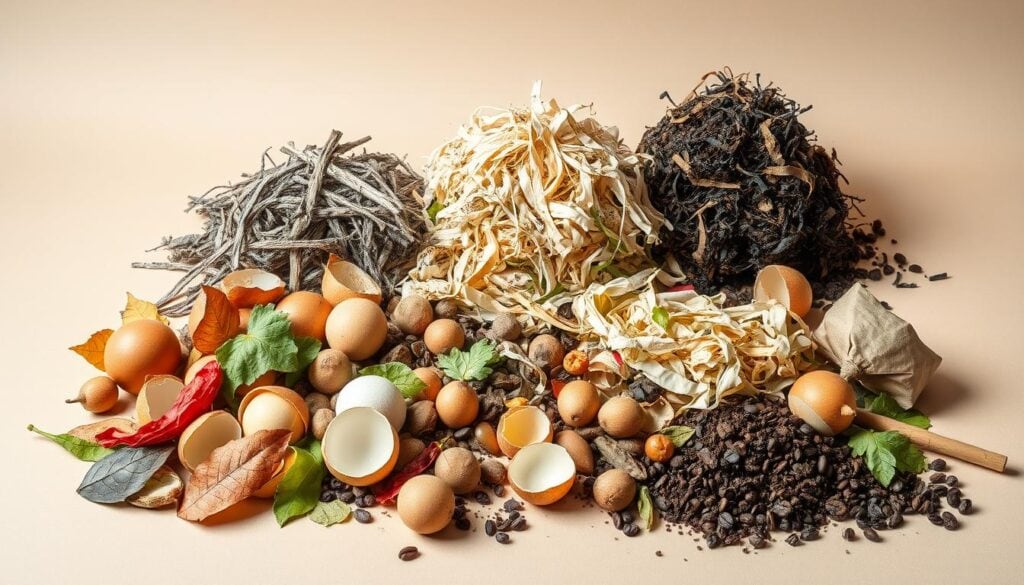 A well-organized still life arrangement depicting a selection of compost materials on a neutral background. The foreground features a variety of organic items such as fallen leaves, fruit peels, eggshells, and shredded paper, arranged in a visually appealing manner. The middle ground showcases larger compost ingredients like grass clippings, coffee grounds, and shredded cardboard, all rendered in a high-contrast black-and-white palette with subtle pops of color to highlight key elements. The background is minimalist, allowing the compost materials to take center stage. The lighting is soft and diffused, creating a sense of depth and highlighting the textures of the various components. The overall tone is informative and educational, guiding the viewer through the essential ingredients for creating a healthy compost pile.