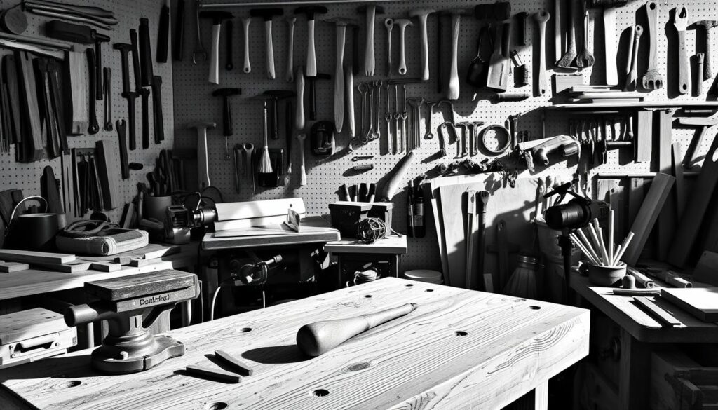 A well-organized woodworking workshop, filled with an assortment of essential tools in a sophisticated monochromatic palette. Prominent in the foreground, a sturdy workbench with a vise, chisels, and a mallet stand ready for intricate carving. In the middle ground, a table saw, power drill, and an array of hand saws, sandpaper, and brushes hint at the diverse tasks ahead. The background features a pegboard displaying a neatly arranged collection of hammers, wrenches, and other hardware, casting dramatic shadows that add depth and dimension. The overall scene conveys a sense of precision, functionality, and a passion for crafting with wood, perfect for illustrating the "Werkzeuge und Materialien" section of the DIY garden furniture article.