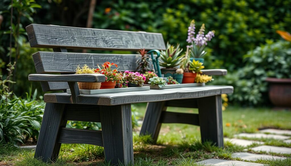 A wooden garden bench with an integrated planter box, positioned in a lush, verdant setting. The bench is crafted from weathered, rustic wood with a distressed finish, providing a charcoal-like hue. The planter box, nestled seamlessly into the bench's design, is filled with a vibrant array of potted plants, adding pops of color against the muted tones. Soft, diffused lighting illuminates the scene, casting gentle shadows and highlighting the natural textures. The composition is balanced, with the bench anchoring the foreground and the background featuring a blurred, atmospheric landscape of verdant foliage. The overall mood is one of peaceful tranquility, inviting the viewer to pause and appreciate the harmonious integration of the bench and the living, growing elements.