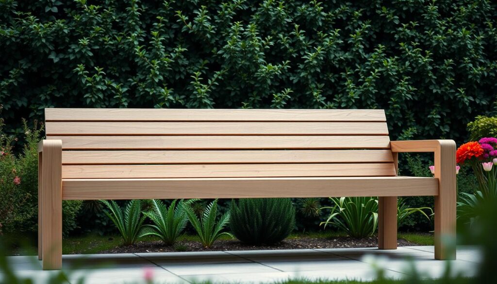 A wooden modular garden bench set against a lush, verdant backdrop. The bench's clean, minimalist design features sleek lines and a muted palette, with strategic pops of color in the form of vibrant flowers or accents. Soft, diffused lighting casts a warm glow, creating a serene and inviting atmosphere. The scene is captured from a low angle, emphasizing the bench's elegant simplicity and its integration with the natural surroundings. Subtle textures and shadows add depth and dimension, while a sense of tranquility pervades the overall composition.