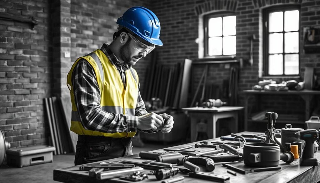 A workshop setting with a worker wearing a blue helmet, yellow safety vest, and goggles, standing next to a table with various tools and equipment. The background features a brick wall, concrete floor, and natural lighting streaming through a window. The scene conveys a sense of safety, focus, and attention to detail as the worker performs a thorough inspection of the tools and gear. The image should be rendered in black and white with subtle pops of color, such as the safety vest and tool accents.
