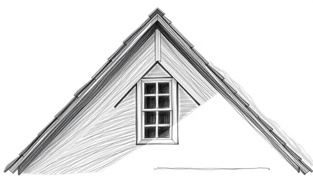 An intricately detailed satteldach roof, rendered in crisp black and white pencil strokes with subtle pops of color. The symmetrical design features a pointed peak, steeply slanted sides, and a harmonious blend of geometric shapes. Shadows and highlights accentuate the textural richness, creating a sense of depth and dimension. The clean, architectural composition evokes a sense of timeless elegance, perfectly suited to complement a finely crafted garden house. Precise linework and strategic use of color draw the eye to the roof's defining features, inspiring ideas for unique and visually striking outdoor structures.