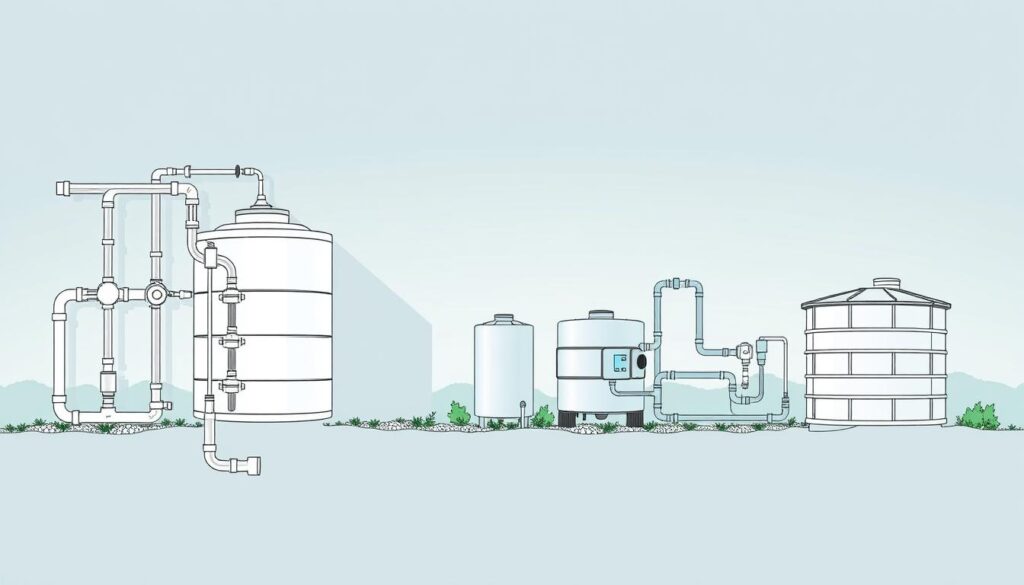 Detailed technical illustration of two distinct rainwater harvesting installation methods. Prominent foreground displays side-by-side comparison of installation steps, with pipes, fittings, and water tanks rendered in precise black and white line art. Midground showcases integrated rainwater management systems, highlighted by muted blue and green accents. Soft atmospheric backdrop suggests a serene, natural setting, complementing the practical, instructional focus. Lighting casts strong shadows to emphasize dimensional depth and technical precision. Crisp, high-contrast rendering style conveys technical authority and educational purpose.