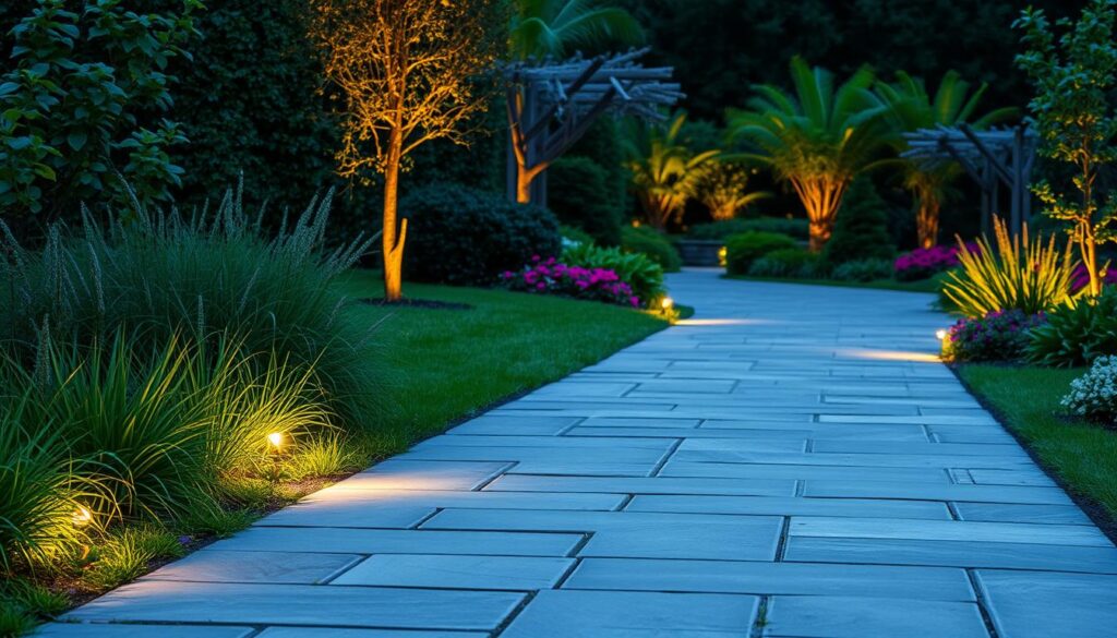 Gartenwege leading through a lush, verdant landscape, paved with natural stone tiles in muted shades of gray. Gentle lighting illuminates the path, casting a warm, atmospheric glow and creating soft shadows that accentuate the texture of the stones. Carefully placed, vibrant splashes of color - perhaps a few strategically placed flower beds or potted plants - add visual interest and draw the eye forward, inviting the viewer to explore the tranquil, inviting scene. The overall mood is one of serenity and understated elegance, perfectly suited for a cozy evening stroll or quiet contemplation.